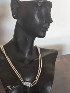 Vintage 2-Strand Cultured Pearl Necklace with Silver Marcasite Clasp-England - Picture 1 of 6
