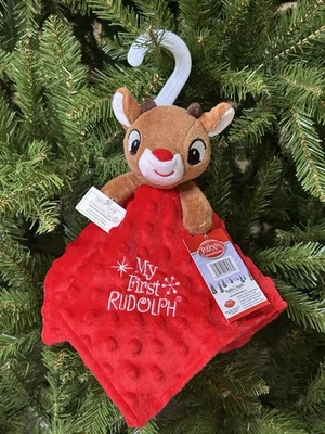 NWT BABY PLUSH RATTLE SNUGGLE BLANKET w/SATIN & EMBROIDERY MY FIRST RUDOLPH - Image 1 of 4