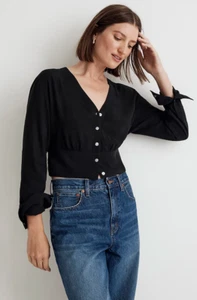 NWT Madewell Womens Luster Weave V-Neck Button-Up Shirt Black Size Small - Picture 1 of 10