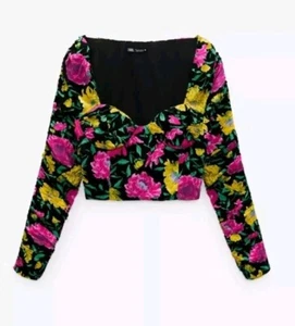 ZARA Blumendruck Herzausschnitt Langarm Crop Top Damen XS Neu mit Etikett - Bild 1 von 10