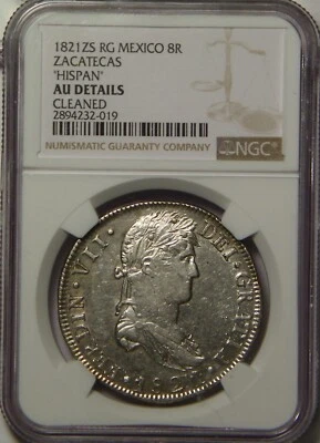 1821 RG 8 Reales Zacatecas Mexico NGC AU (cleaned) - Image 1 of 3