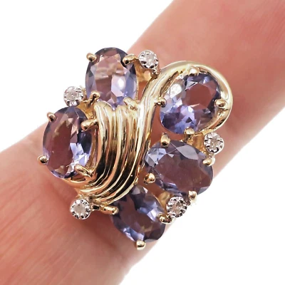 Classic 14k Solid Yellow Gold Natural iolite and Diamond Cluster Ring Size 7 - Image 1 of 4