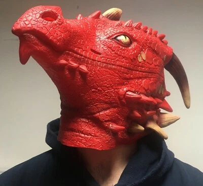 BRIGHT Red Dragon Mask Role Play Cosplay Latex Fancy Dress Halloween Fantasy - Image 1 of 4