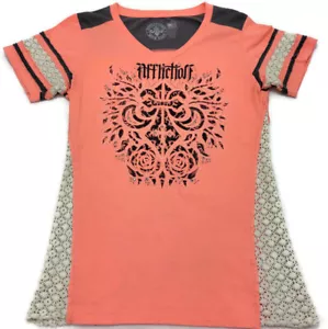 Affliction Live Fast Women Orange Short Sleeve Shirt White Lace Bling Large USA - Picture 1 of 8