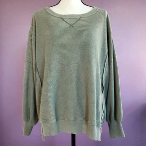 S American Eagle Washed Green Big Hug Waffle Distressed Oversized Crew Pullover - Picture 1 of 15