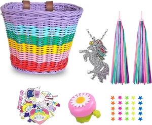 Kids Bike Basket, Wicker Handlebar Bicycle Basket for Girls with Unicorn Necklac - Picture 1 of 12