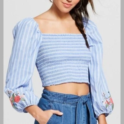 Top corto ajustado a rayas con cuello cuadrado manga larga - Azul Hilaration M para mujer Foto 1 de 3