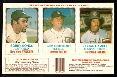 1975 Hostess All-Star Panel Bobby Bonds 145 Gary Sutherland 146 Oscar Gamble 147 - Image 1 of 2