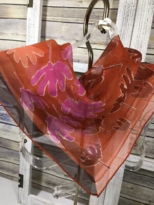 VERA NEUMANN Scarf Silk Coral Pink Purple Peach 21” Square Floral Leaves Vintage - Picture 1 of 21