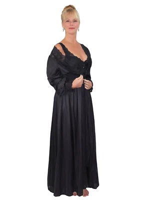Shadowline Womens Nightgown Robe Set Black Peignoir Nylon Elegant Sleepwear 2 Pc - Image 1 of 4