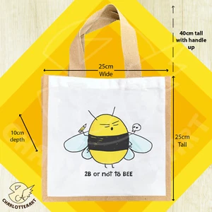 Illustrated bumble bee jute handbag, funny bee design, bee lunch bag for kids - Picture 1 of 3