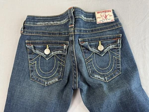 True Religion Joey Jeans Damen 27 Blau Flare Distressed Denim Made USA Y2K - Bild 1 von 16