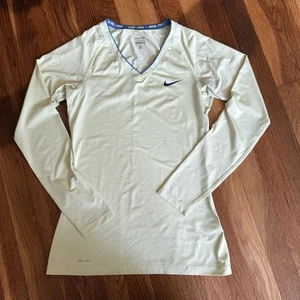 Nike Pro Dri Fit Long Sleeve Yellow V-neck Small Women’s Shirt Activewear - Picture 1 of 13