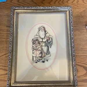 Vintage Framed Needlepoint Cross Stitch Completed Santa Clause Christmas 11x14 - Picture 1 of 4