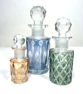Perfume Bottles Set 3 Vintage Cut Colored Glass Empty Unused NEW Old Stock India - Picture 1 of 8