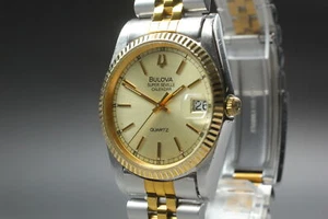 *Exc+5* BULOVA Super Seville 857658 Gold Dial Date 36mm Quartz Men's Watch JAPAN - Picture 1 of 10