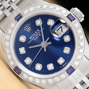 LADIES ROLEX DATE DIAMOND SAPPHIRE 18K WHITE GOLD & STEEL BLUE DIAL WATCH - Picture 1 of 8