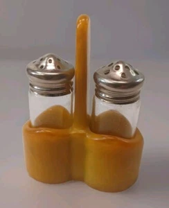 Vintage glass Salt & Pepper Shakers with green gold Bakelite Holder - Picture 1 of 5