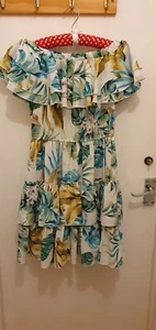 Floral Spanish style Off-shoulder Ruffles Size UK 8 mini Green White Yellow - Picture 1 of 3