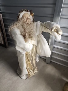 RARE White Gold Santa Claus Art 48" 4 Feet Tall With Wooden Base For Christmas - Picture 1 of 8