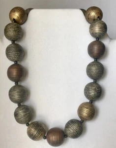 Vintage Beaded Necklace, Large Gold & Bronze Etched Beads, Bronze Hook, 18” - Picture 1 of 8