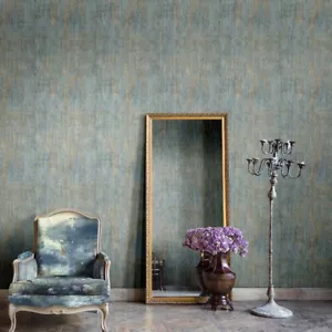 Industrial teal green gold metallic plain stria lines textured Wallpaper roll 3D - Picture 1 of 12