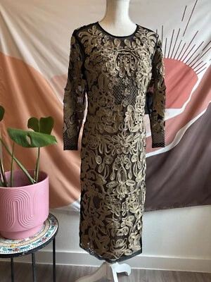 JS Collections Metallic Gold Black Soutache Embroidered Cocktail Dress NWT Sz 10 - Image 1 of 4