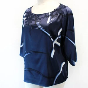 Elie Tahari Plus Navy Blue Silk Satin Office Blouse Top 3X - Picture 1 of 9
