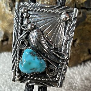 Vintage Gilbert Ortega Shop Silver & Turquoise Bolo Tie, Early Piece, VERY NICE
