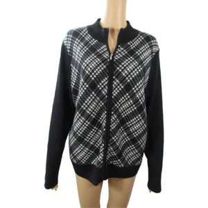 Pendleton Wool Sweater Zip Front Womens Size L Black White Plaid Stand Up Collar - Picture 1 of 10