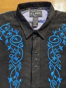 VTG Rodeo Cowboy Shirt XLT Black Blue Embroidered Pearl Snap Western Rockabilly - Picture 1 of 10
