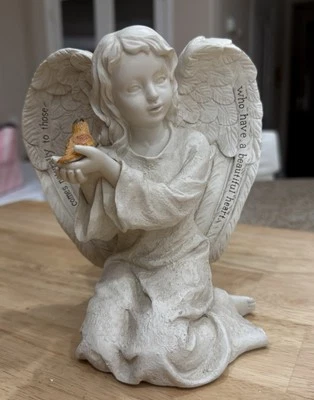 Cast Resin 7” Heavenly Winged Kindness Verse Kneeling Angel Bird in Hand Figure - Image 1 of 4