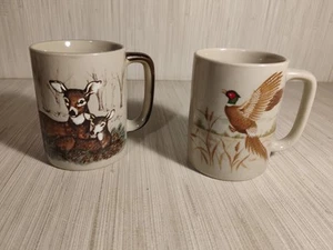 Otagiri Embossed Mug Made in Japan Deer Fawn Forest & Pheasant Vintage Lot of 2 - Picture 1 of 10