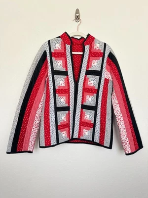 Handmade Quilted Jacket Reversible Block Stripes Red Blue Cottage Core Women's M - Image 1 of 4