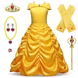 Girls Belle Fancy Dress Up Princess Beauty Halloween Outfit Costume Gloves Wand - Picture 1 of 16