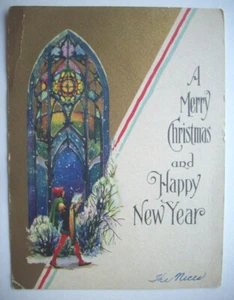 20's Caroling by stain glass window Christmas greeting card *B11 - Picture 1 of 2