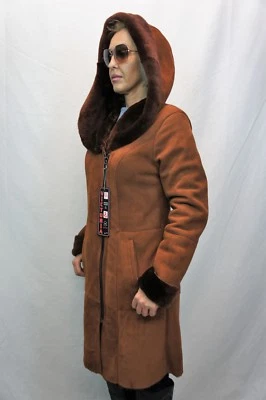 Nuovo 100% Originale Vero Pecora Montone Camoscio Cognac Cappotto Cappuccio - Immagine 1 di 4