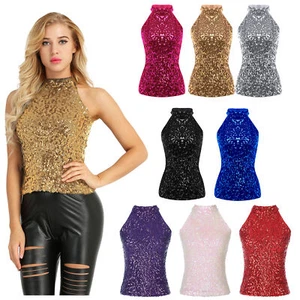 Woman Sequin Halter Tank Top Embellished Halter Sleeveless Party Pullover Vest - Picture 1 of 83