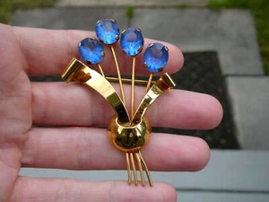 Vintage vergoldete Sterlingsilber facettierte blaue Strass Blumenstrauß Brosche Anstecknadel - Bild 1 von 14