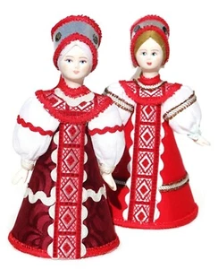 Russian Porcelain Doll in National Folk Red Sarafan Dress Costume and Headpiece - Picture 1 of 19