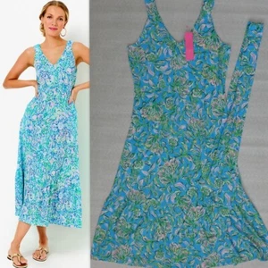 NUEVO CON ETIQUETAS LILLY PULITZER Madsen Vestido Midi Cuello en V Cinturón Cúmulo Azul Chick Imán - Imagen 1 de 15