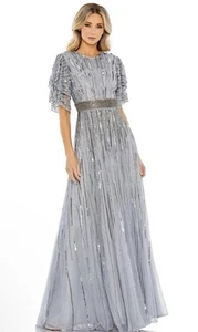 Abito vestito Mac Duggal taglia 14 blu argento manica a strati strass 93582 - Foto 1 di 20