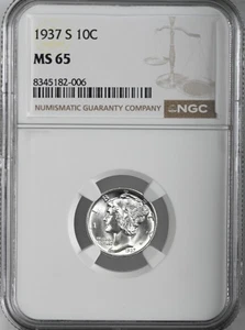 1937-S 10C MERCURY SILVER DIME "SAN FRANCISCO MINT" NGC MS65 #8345182-006 - Picture 1 of 4