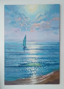 Segelboot Meereslandschaft Gemälde Original Meer Marine Kunst Ozean Wandbild 11,41/7,87 Zoll - Bild 1 von 16