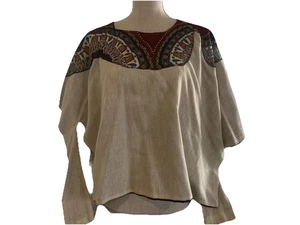 Vintage Dashiki Batwing Tunic Top – Beige with Tribal Print, Unisex, One Size - Picture 1 of 9