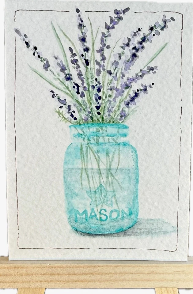 ACEO Original Watercolor Lavender Flower Bouquet in Mason Jar New! Signed! - Image 1 of 1