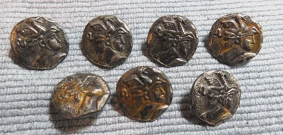 7 Vintage Antique Original Metal Picture Buttons WARRIOR with BIRD ON HELMET - Image 1 of 4