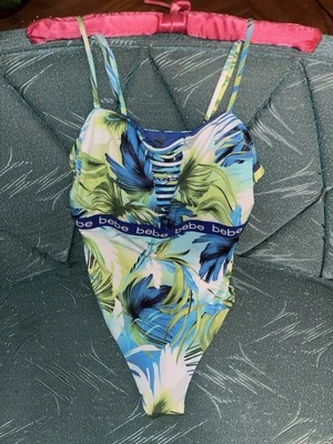 Винтажный BEBE тропический цельный купальник гибискус цветы XL синий зеленый белый - Изображение 1 из 4