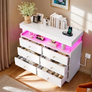 6-Drawers Dresser with RGB LED Light & Power Outlets for Bedroom Closet Chest - Picture 1 of 10