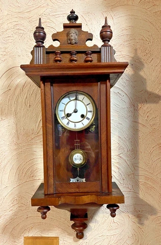 Antique Germany RA Wall Clock, Carved Walnut, No Key, Ceramic Face Nonworking Cover